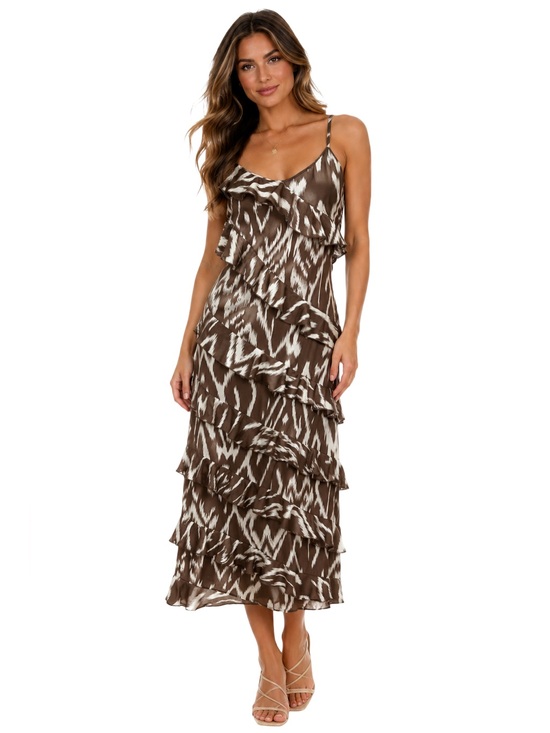 WD.NY Dresses & Skirts - WDNY flowy tiered brown white rustic western wedding guest midi sundress NWT M